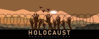 International Holocaust Remembrance Day poster, January 27. World War II Remembrance Day. Concentration Camps. Silhouette refugee fist raising and holding barbed wire on black background.