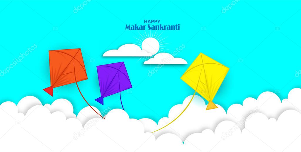 Happy Makar Sankranti Festival Background. Illustration with flying kites and decoration