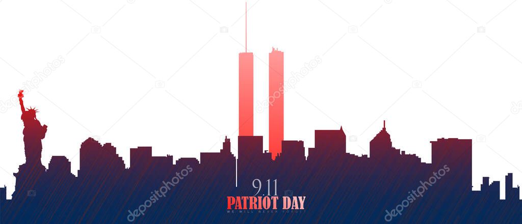 Vector Illustration of 911 Patriot Day. New York city skyline with Twin Towers. September 11, 2001 National Day of Remembrance. World Trade Centre. We will never forget. 
