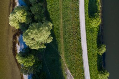 Thalkirchen, Münih 'te bir ormanın altındaki nehrin yanındaki yol. Hava aracı görüntüsü, kuş bakışı.