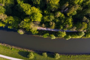 Thalkirchen, Münih 'te bir ormanın altındaki nehrin yanındaki yol. Hava aracı görüntüsü, kuş bakışı.