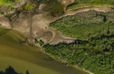 Thalkirchen 'deki Isar kıyısı, Münih, yukarıdan insansız hava aracı görüşü. 