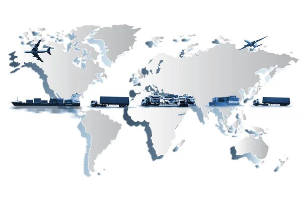 在世界物流领域 有世界物流网络图 背景上有物流网络分布 有物流工业集装箱船 概念上有速递或速递 — 图库照片