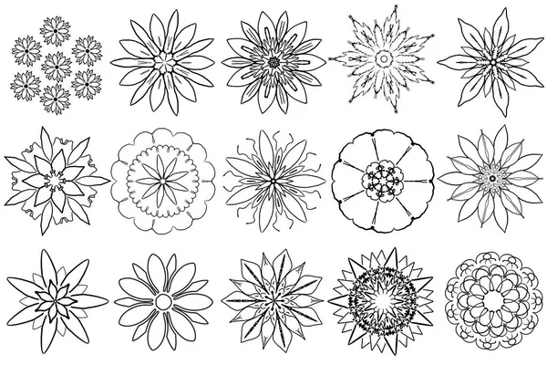15 çiçek tasarımı elementi. Beyaz arkaplanda izole edilmiş tek renkli çiçek ikonu seti. 