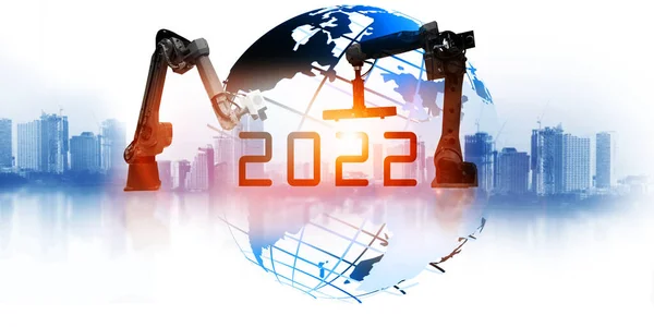 Technologie 2022 Met Wereld Robotica Machine Geïsoleerd Stadsachtergrond Concept Visie — Stockfoto