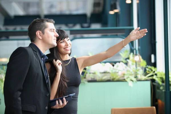 Two Young Business People Working Communicating While Standing Office City Royalty Free Stock Images