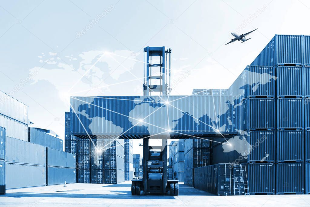 Double exposure of delivery industry and logistics concept container truck ,ship in port and freight cargo plane in transport and import-export commercial logistic 