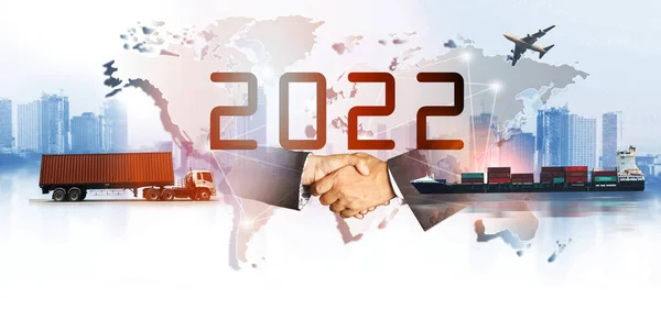 2022 Kettős Expozíciója Szállítmányozási Ipar Logisztikai Koncepció Konténerszállító Tehergépkocsi Kikötői — Stock Fotó
