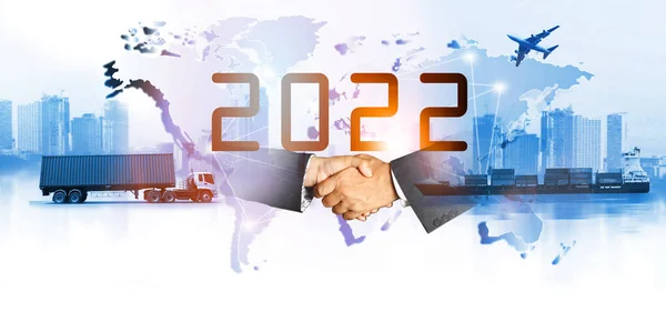 2022 Kettős Expozíciója Szállítmányozási Ipar Logisztikai Koncepció Konténerszállító Tehergépkocsi Kikötői — Stock Fotó