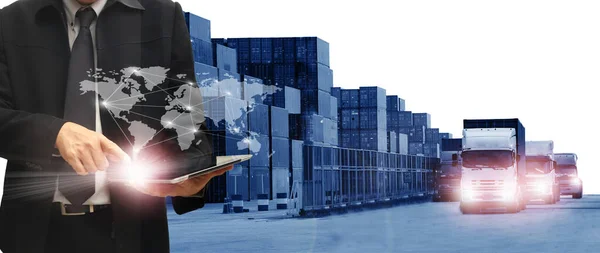 世界の物流の背景や輸送業界や海運業 コンテナ貨物輸送 トラック輸送 飛行機 輸入輸出コンセプト — ストック写真