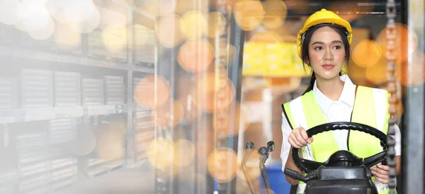 female driving forklift or Woman warehouse worker with forklift.worker in warehouse, Working at warehouse.International export business concept