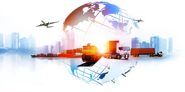 Logistics Transportation World Container Cargo Ship Cargo Plane Working Crane — Fotografia de Stock