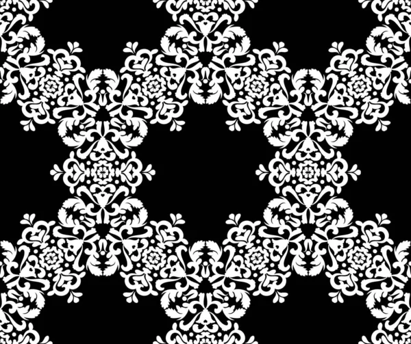 Білий мереживний квітковий орнамент на чорному тлі . — стоковий вектор