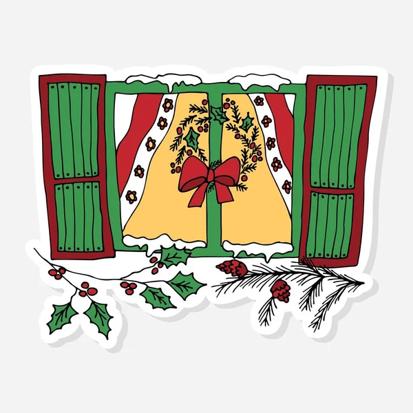 Janela decorada, grinalda de Natal, doodle etiqueta —  Vetores de Stock