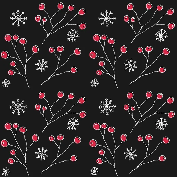 Stechpalmenbeeren mit Schneeflocken auf schwarzem Hintergrund — Stockvektor