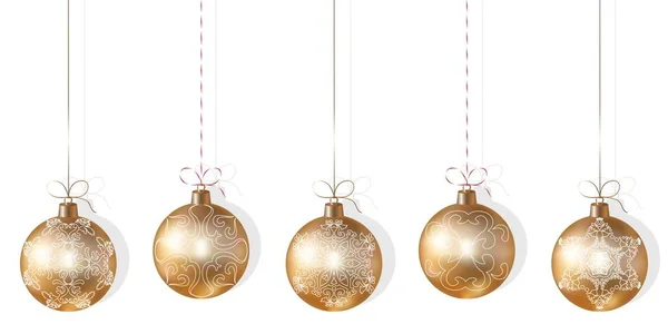 Realistische goldene Weihnachtsbaumkugeln mit Muster — Stockvektor
