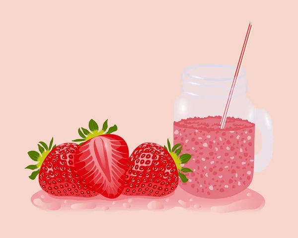 Pot en verre de jus de fraise. Jus de fruits. — Image vectorielle