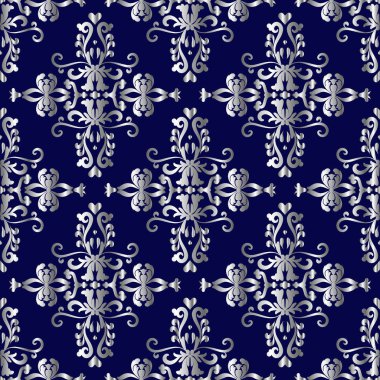Lacivert arka planda gümüş rengi Viktorya dönemi deseni. 