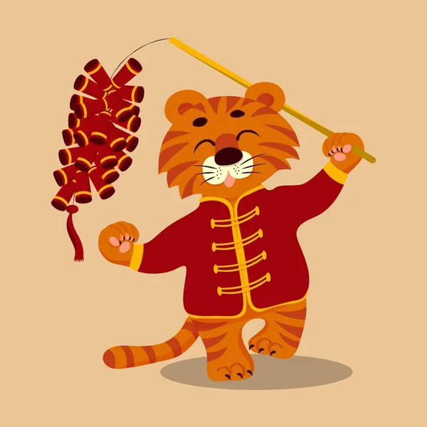 Čínský karikatura roztomilý tygr s petardy. — Stockový vektor