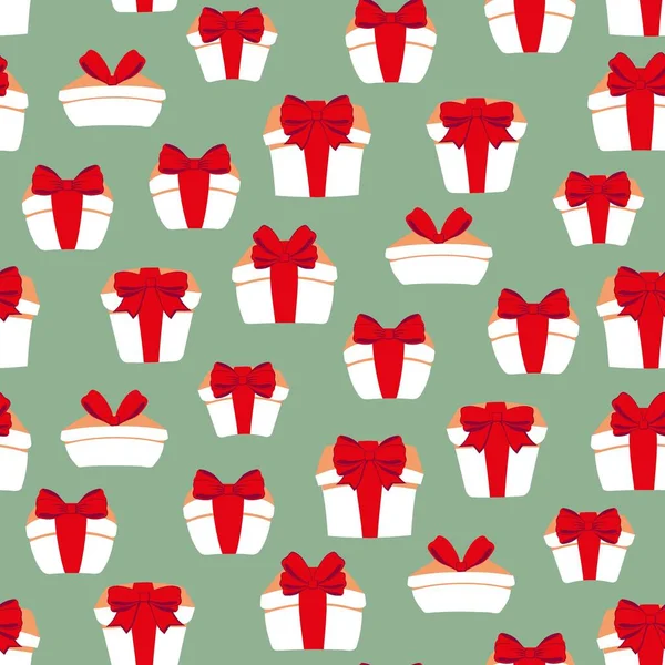 Boîtes cadeaux dessin animé avec ruban rouge sur un vert — Image vectorielle