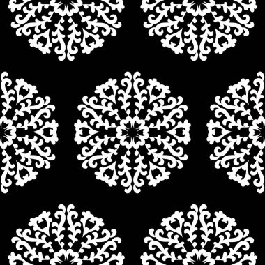 Siyah arkaplanda beyaz yuvarlak dantel desenleri. 