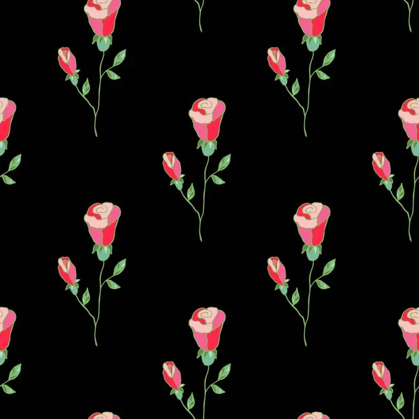 Pink roses on black background vector pattern. — Stock Vector