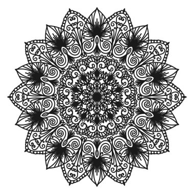   Beyaz arka planda tek renkli mandala. Yuvarlak çiçek desenli. Yuvarlak arabesk. Boyama sayfası. Mehndi için dairesel desen, dövme, logo. Vektör illüstrasyonu.