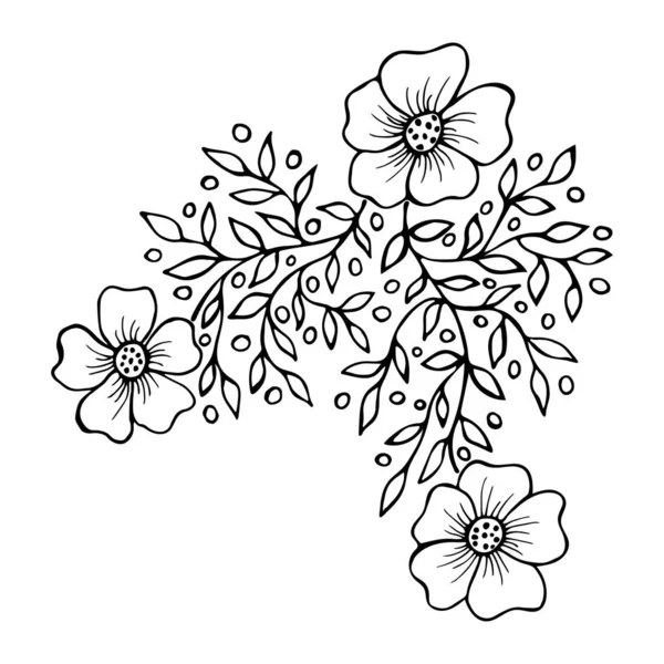 Ручной Рисунок Ветки Сакуры Черные Цветочные Контуры Белом Фоне Страницы — стоковый вектор