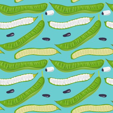   Green Pods Guaba Ice Cream Beans Seamless Pattern. Exotic pattern with tropical fruits Inga Edulis. For fabric, wallpaper or wrapping.