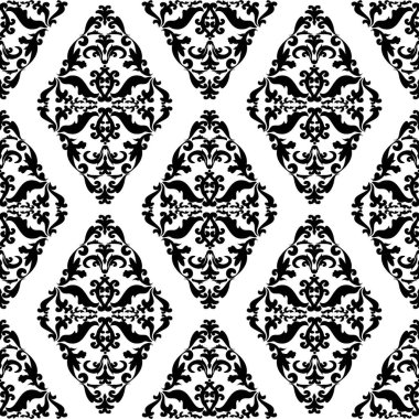 Siyah dekoratif süs. İpek kumaş tarzında kusursuz desen. Kumaş, seramik fayans veya ambalaj kağıdı tasarımı için vektör deseni.