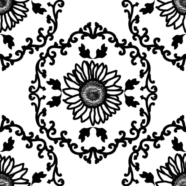 Бесшовный Узор Орнаментом Цветами Цветочные Черно Белые Винтажные Рисунки Векторная — стоковый вектор