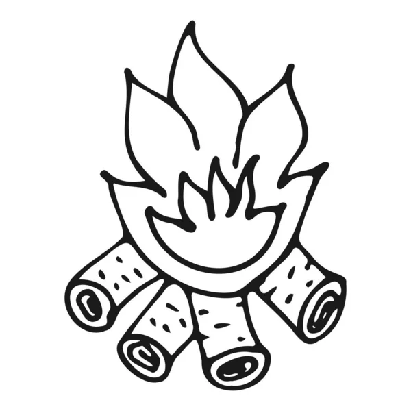 Burning Bonfire Firewood Doodle Style Flame Fire Hand Drawn Black — 스톡 벡터