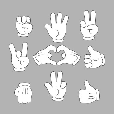 Set of hands with gloves in retro style. Cartoon hands with different gestures in white gloves. Vector illustration. 