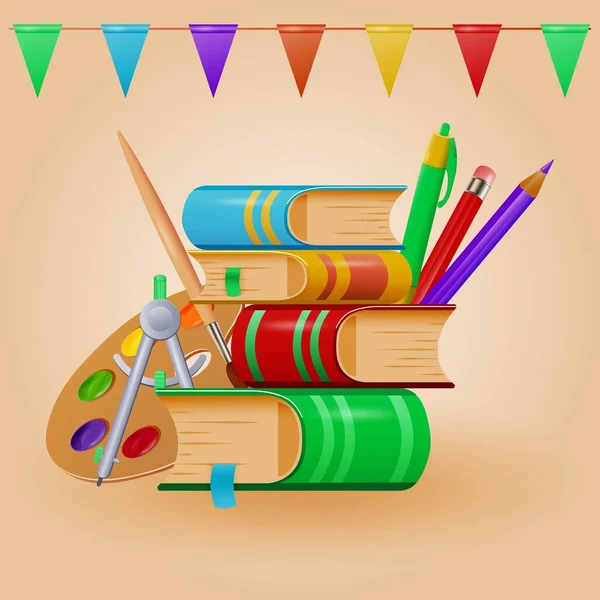 Colorful Banner School Stationery Books School Design Cartoon Style Vector — Image vectorielle