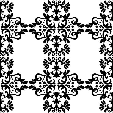 Çiçeksel elementlerle kusursuz Victoria deseni. Siyah ve beyaz. Vektör illüstrasyonu.