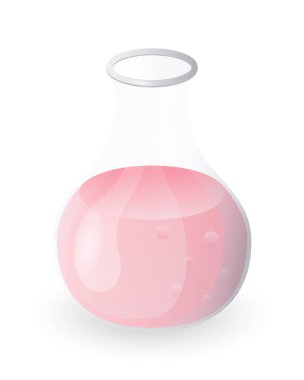 Sıvı dolu cam bir laboratuvar şişesi. Kimyasal ekipmanlar beyaz arka planda izole edilmiş. Vektör illüstrasyonu.