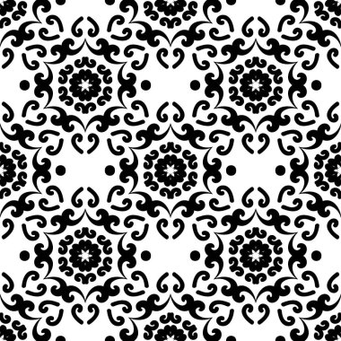 Dekoratif oryantal süs. Siyah ve beyaz. Vektör çizimi. Kumaş, kiremit, duvar kağıdı veya ambalaj için.