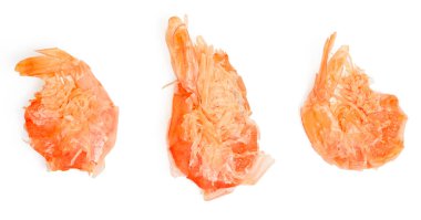 İzole edilmiş karides. Üst görünüm beyaz arkaplanda kuru karides koleksiyonu. kırpma yolu.