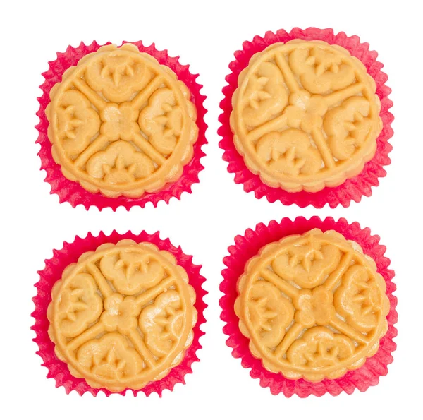 Gâteaux Isolés Chinois Vue Dessus Quatre Mooncakes Enveloppés Dans Papier — Photo