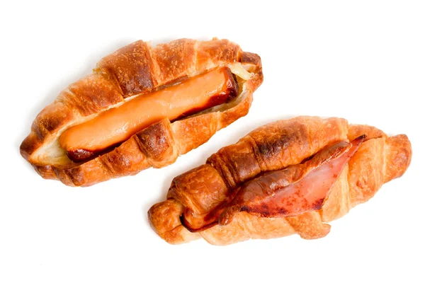 Isolated Sausage Croissant Top View Delicious Sausage Croissant Bacon White — Stock Photo, Image