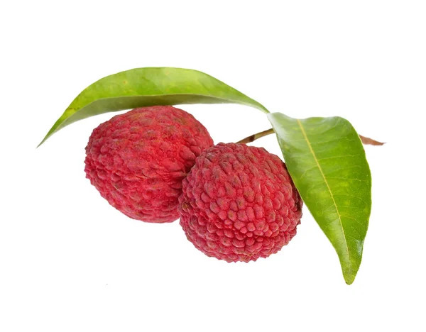 Fresh lychees with leaves isolated on white background — Stock Photo, Image