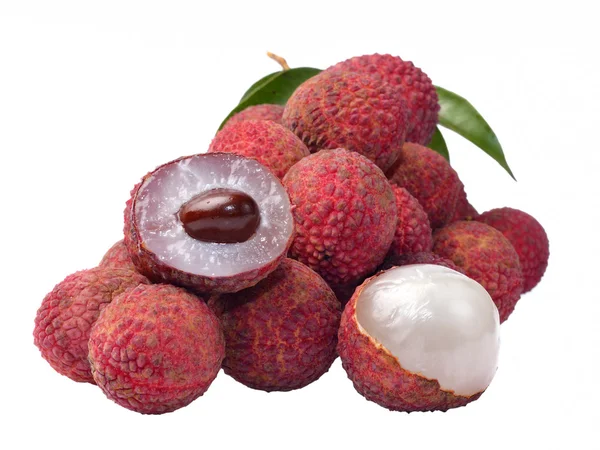 Fresh lychees with leaves isolated on white background — Stock Photo, Image