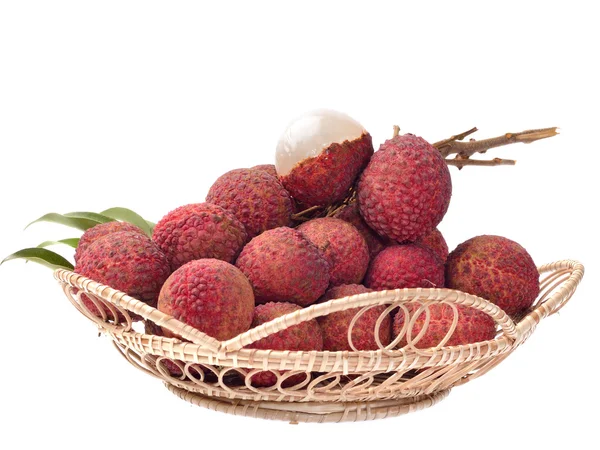 Fresh lychees with leaves isolated on white background — Stock Photo, Image