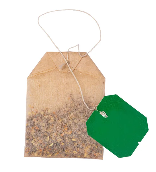 Brown Использовал Чайный Пакетик Зеленой Этикеткой Emty Белой Строке Изолированный — стоковое фото