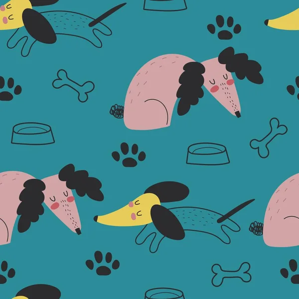 Бесшовный Рисунок Мультяшными Собаками Элементами Декора Красочный Вектор Детей Животные — стоковый вектор