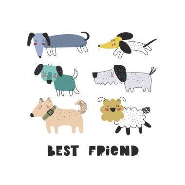En iyi arkadaş. Çizgi film köpeği, el çizimi harfleri. Çocuklar için renkli düz vektör çizimi. bebek tasarımı baskılar, posterler, kartlar