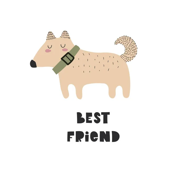 Beste Vriend Cartoon Hond Met Hand Tekenen Letters Kleurrijke Platte — Stockvector