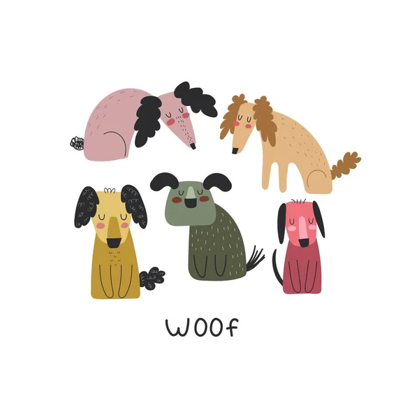 Woef Cartoon Honden Met Hand Tekenen Letters Kleurrijke Platte Vector — Stockvector