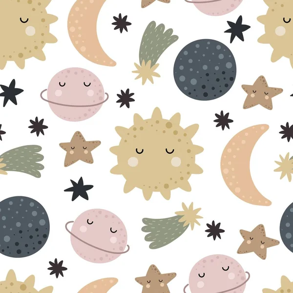 seamless pattern with cartoon planets, sun, stars, decor elements. Colorful vector flat style for kids. Space. hand drawing. baby design for fabric, print, wrapper, textile