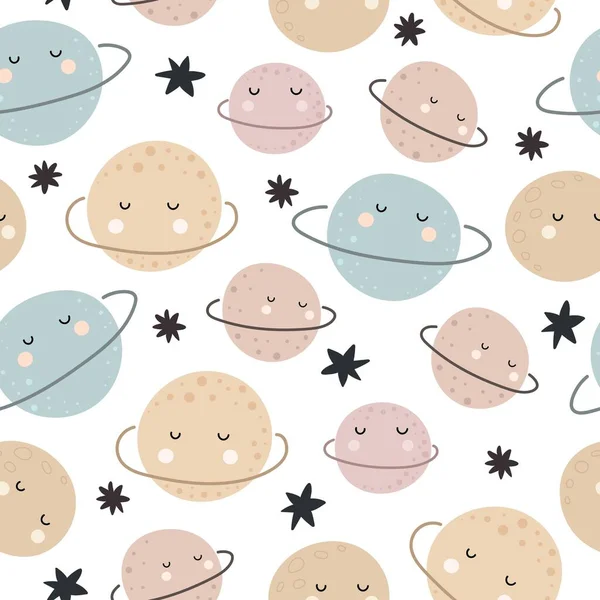 seamless pattern with cartoon planets, stars. Colorful vector flat style for kids. Space. hand drawing. baby design for fabric, print, wrapper, textile